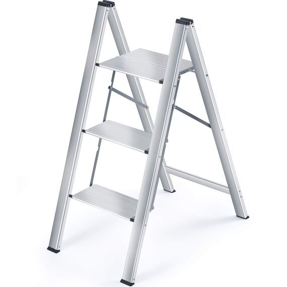 KINGRACK Stufenleiter, Trittleiter Stufen, Klapptrittleiter mit Handlauf, rutschfeste Haushaltsleiter mit Klappsicherung, Aluminium Tritthocker (3 Stufen, Silber)