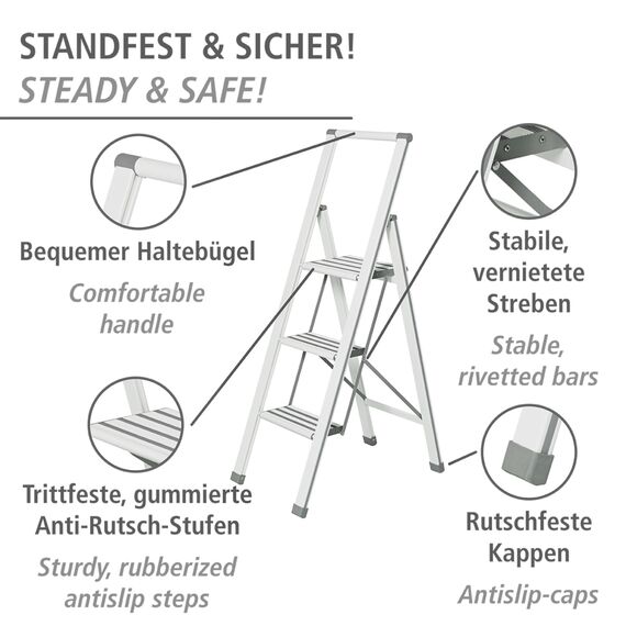 WENKO Leichte Aluminium Trittleiter mit 3 Stufen für 75 cm höheren Stand, rutschsichere XXL-Stufen, Design Klapptrittleiter, TÜV Süd Zertifiziert, 44 x 127 x 5,5 cm, Weiß
