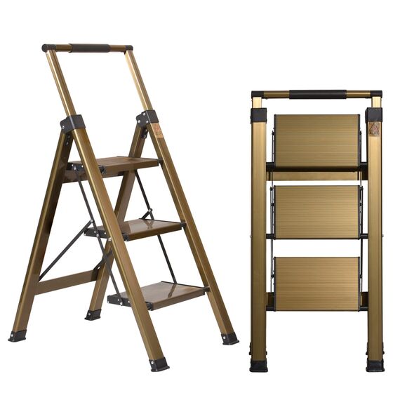 XinSunho 3-stufige Leiter, Aluminium 3-stufiger Hocker mit einziehbarem Handlauf und rutschfestem breitem Pedal, Klapphocker-Leiter, 3 Stufen, 150 kg Sicherheit, Haushaltsleiter