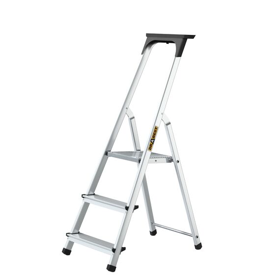 Drabest - Haushaltsleiter - Stehleiter - 3 Stufen - Arbeitshöhe 2,54m - Klappleiter aus Aluminium, max. 125 kg, mit Praktischer Ablage - Aluleiter mit Plattform 25x26 cm, rutschfeste Füßen