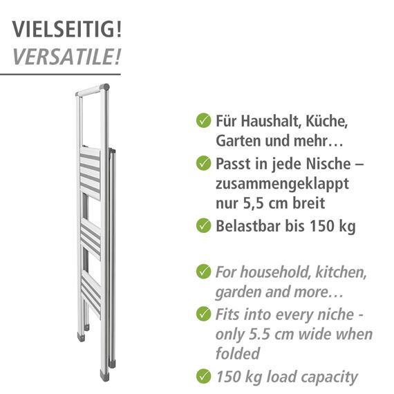 WENKO Leichte Aluminium Trittleiter mit 3 Stufen für 75 cm höheren Stand, rutschsichere XXL-Stufen, Design Klapptrittleiter, TÜV Süd Zertifiziert, 44 x 127 x 5,5 cm, Weiß