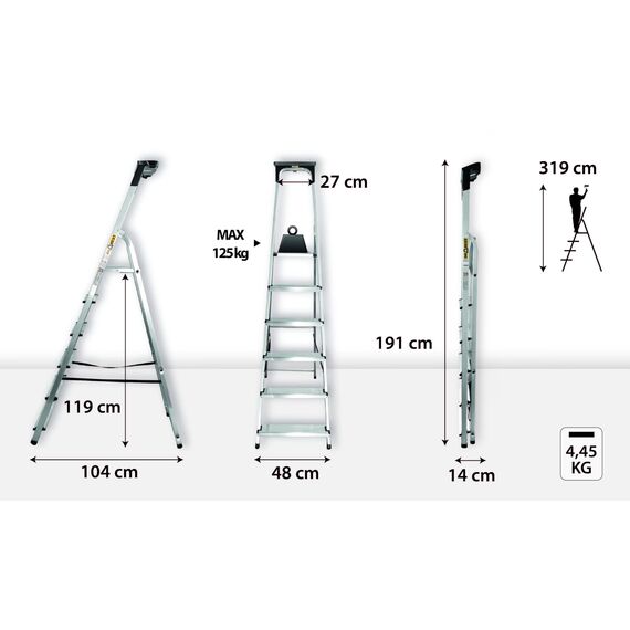 Drabest - Haushaltsleiter - Stehleiter - 6 Stufen - Arbeitshöhe 3,19m - Klappleiter aus Aluminium, max. 125 kg, mit Praktischer Ablage - Aluleiter mit Plattform 25x26 cm, rutschfeste Füßen