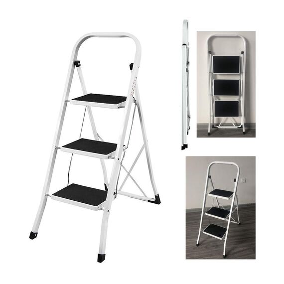 3 Stufen Klappleiter Trittleiter Klappbar Tragbare kompakte Leiter Rutschfeste Matte Einfache Aufbewahrung Stehleiter für Home Kitchen Office DIY 150 kg max Belastung