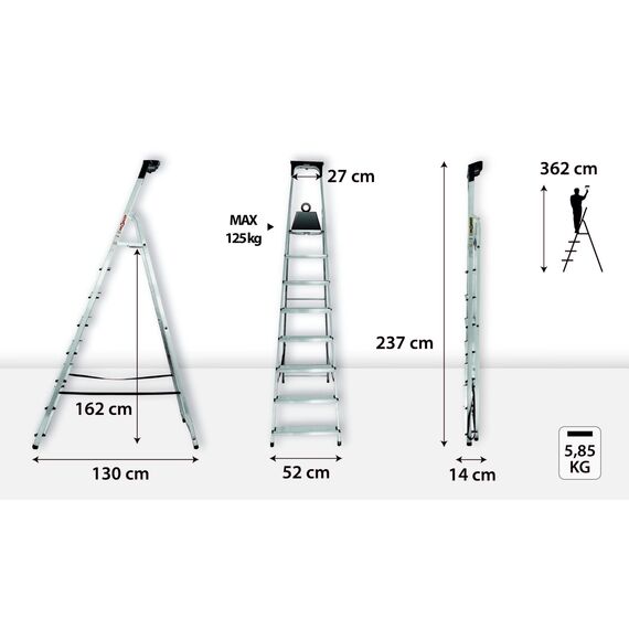 Drabest - Haushaltsleiter - Stehleiter - 8 Stufen - Arbeitshöhe 3,62m - Klappleiter aus Aluminium, max. 125 kg, mit Praktischer Ablage - Aluleiter mit Plattform 25x26 cm, rutschfeste Füßen