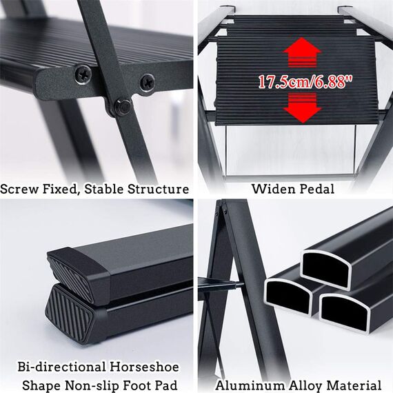 BAOYOUNI Trittleiter, Leicht, Klapptrittleiter, Aluminium Sicherheits Stehleiter, mit rutschfeste Breites Pedal, 4 Stufen, für Haushalt, Büro, Tragbares Lagerregal, Malen und Pflanztöpfe, schwarz
