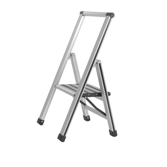 WENKO Leichte Aluminium Trittleiter mit 1 Stufe für 25 cm höheren Stand, rutschsichere XXL-Stufen, Design Klapptrittleiter, TÜV Süd Zertifiziert, 44 x 74 x 5,5 cm, Silber matt