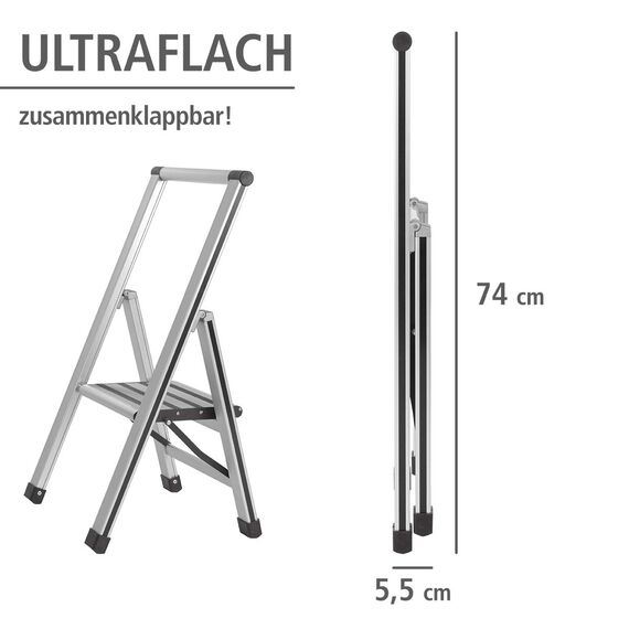 WENKO Leichte Aluminium Trittleiter mit 1 Stufe für 25 cm höheren Stand, rutschsichere XXL-Stufen, Design Klapptrittleiter, TÜV Süd Zertifiziert, 44 x 74 x 5,5 cm, Silber matt