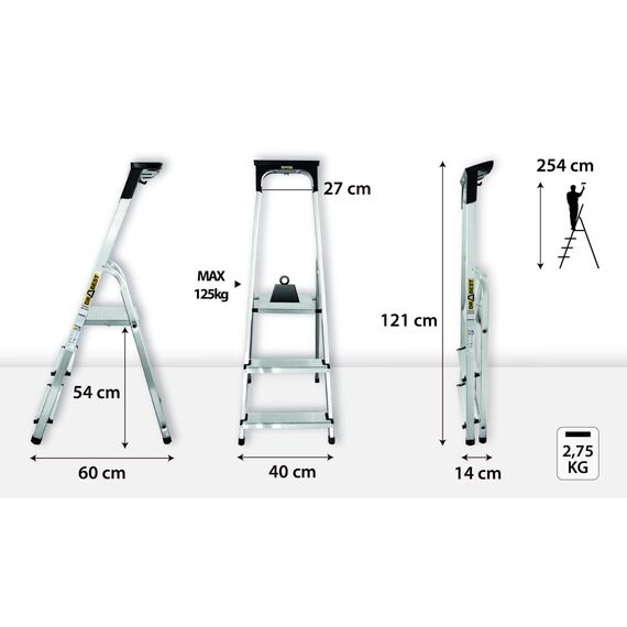 Drabest - Haushaltsleiter - Stehleiter - 3 Stufen - Arbeitshöhe 2,54m - Klappleiter aus Aluminium, max. 125 kg, mit Praktischer Ablage - Aluleiter mit Plattform 25x26 cm, rutschfeste Füßen