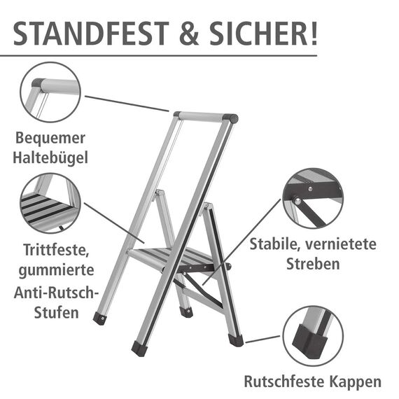 WENKO Leichte Aluminium Trittleiter mit 1 Stufe für 25 cm höheren Stand, rutschsichere XXL-Stufen, Design Klapptrittleiter, TÜV Süd Zertifiziert, 44 x 74 x 5,5 cm, Silber matt