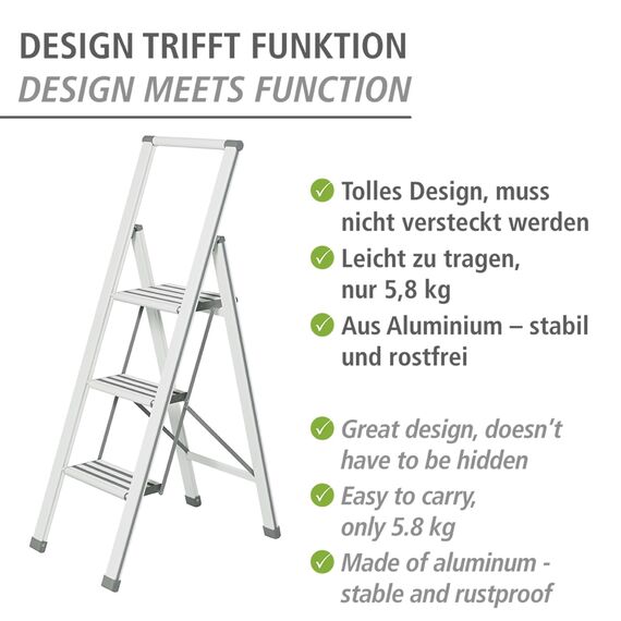 WENKO Leichte Aluminium Trittleiter mit 3 Stufen für 75 cm höheren Stand, rutschsichere XXL-Stufen, Design Klapptrittleiter, TÜV Süd Zertifiziert, 44 x 127 x 5,5 cm, Weiß