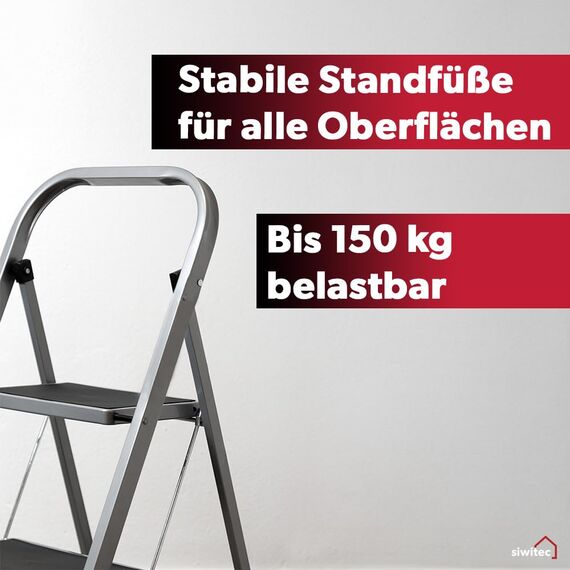 siwitec Trittleiter, Faltbare Leiter mit 2 Stufen, Klapptritt aus Stahl bis 150 kg belastbar, Tritthocker klappbar, TÜV/GS Zertifiziert, anthrazit