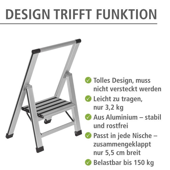 WENKO Leichte Aluminium Trittleiter mit 1 Stufe für 25 cm höheren Stand, rutschsichere XXL-Stufen, Design Klapptrittleiter, TÜV Süd Zertifiziert, 44 x 74 x 5,5 cm, Silber matt