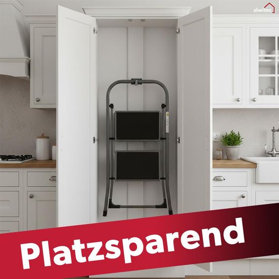 siwitec Trittleiter, Faltbare Leiter mit 2 Stufen, Klapptritt aus Stahl bis 150 kg belastbar, Tritthocker klappbar, TÜV/GS Zertifiziert, anthrazit