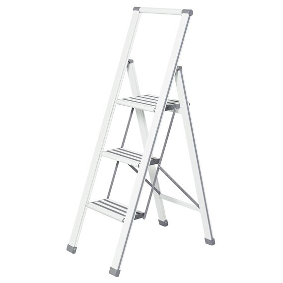 WENKO Leichte Aluminium Trittleiter mit 3 Stufen für 75 cm höheren Stand, rutschsichere XXL-Stufen, Design Klapptrittleiter, TÜV Süd Zertifiziert, 44 x 127 x 5,5 cm, Weiß