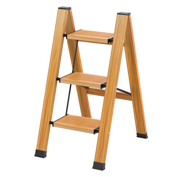 KULACO Klappleiter, Trittleiter 3 Stufen Klappbar, Aluminium Klapptritt, Tragbare Stufenleiter, Rutschfeste Haushaltsleiter bis 150 kg, Multifunktionsleiter Holzmaserung Design für Küche, Bad, Camping