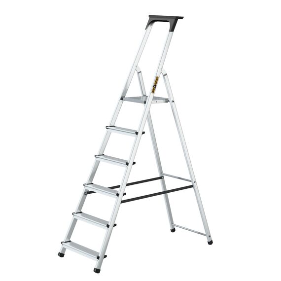 Drabest - Haushaltsleiter - Stehleiter - 6 Stufen - Arbeitshöhe 3,19m - Klappleiter aus Aluminium, max. 125 kg, mit Praktischer Ablage - Aluleiter mit Plattform 25x26 cm, rutschfeste Füßen