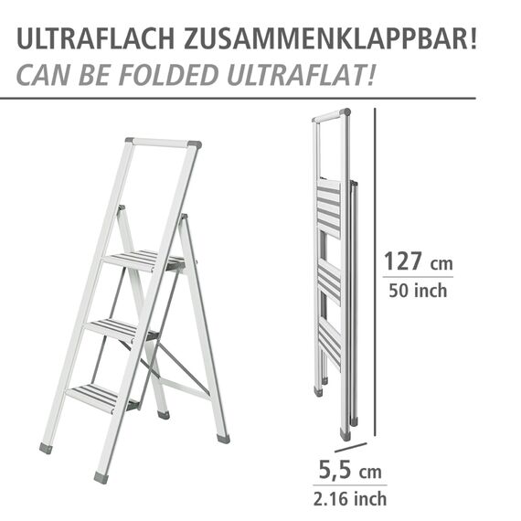 WENKO Leichte Aluminium Trittleiter mit 3 Stufen für 75 cm höheren Stand, rutschsichere XXL-Stufen, Design Klapptrittleiter, TÜV Süd Zertifiziert, 44 x 127 x 5,5 cm, Weiß