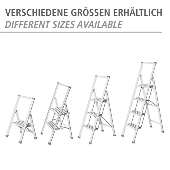 WENKO Leichte Aluminium Trittleiter mit 3 Stufen für 75 cm höheren Stand, rutschsichere XXL-Stufen, Design Klapptrittleiter, TÜV Süd Zertifiziert, 44 x 127 x 5,5 cm, Weiß