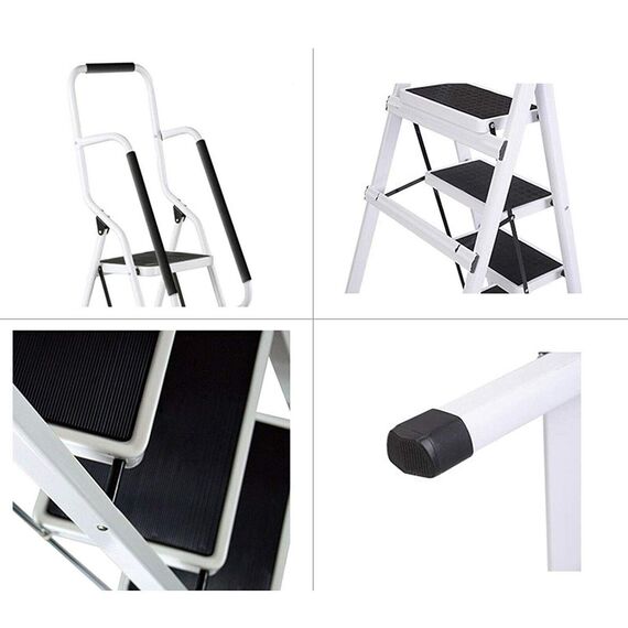 3 Stufen Klappleiter mit Handlauf Trittleiter Klappbar Tragbare kompakte Leiter Rutschfeste Matte Einfache Aufbewahrung Stehleiter für Home Kitchen Office DIY 150 kg max Belastung