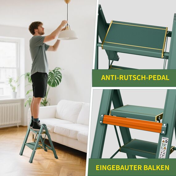 KULACO Trittleiter 2 Stufen Klappbar, 150kg Kapazität mit Breiten Anti Rutsch Pedalen, Aluminium Klapptritt, Multifunktionsleiter für Zuhause, Speisekammer, Innen und Außenbereich, Grün