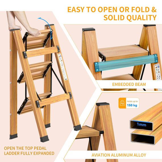KULACO Trittleiter 3 Stufen klappbar, Aluminium Klappleiter, Tragbare Stufenleiter, rutschfeste Haushaltsleiter, Multifunktionsleiter Holzmaserung Design für Haus und Camping, Belastbar bis 150 kg