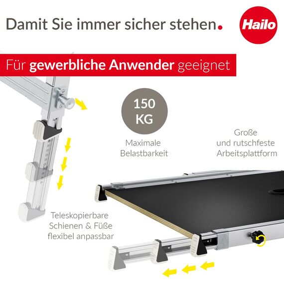 Hailo TP2 Pro Treppenpodest - Arbeitsplattform für Hailo-Leitern bis 4 Stufen - Stabiler Rahmen aus Aluminium - für Private und gewerbliche Nutzung - belastbar bis 150 kg - Gewicht: 9 kg - Silber