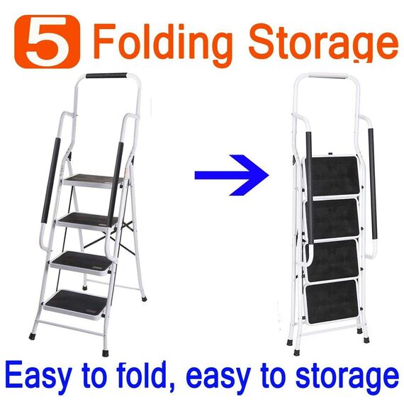 4 Stufen Klappleiter mit Handlauf Trittleiter Klappbar Tragbare kompakte Leiter Rutschfeste Matte Einfache Aufbewahrung Stehleiter für Home Kitchen Office DIY 150 kg max Belastung