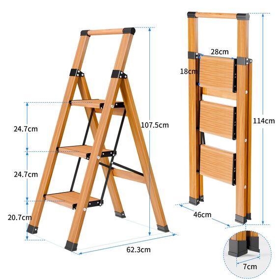 KULACO Trittleiter mit Handlauf, rutschfeste Leiter 3 Stufen Klappbar, Aluminium Klappleiter bis 150 kg, Tragbarer Stehleiter in moderner Holzoptik, Haushaltsleiter mit Anti-Rutsch breitem Pedal