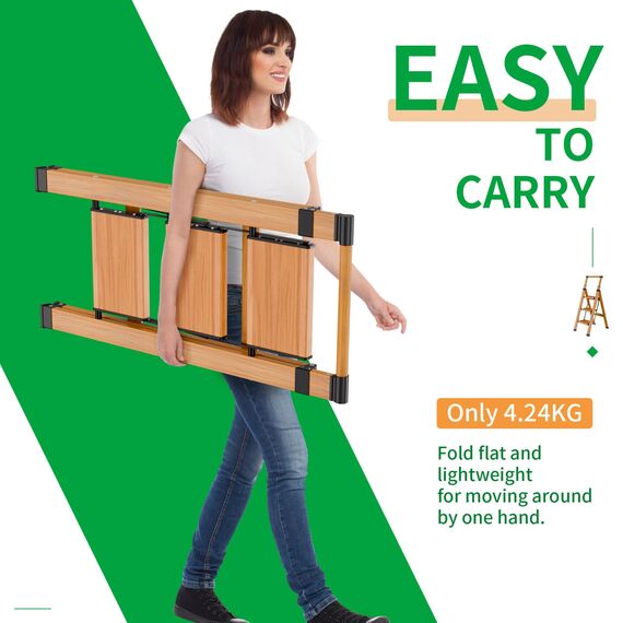 KULACO Trittleiter 3 Stufen klappbar, rutschfeste Haushaltsleiter, Multifunktionsleiter Holzmaserung, Tragbare Stufenleiter mit Ausziehbarem Handlauf, Aluminium Klappleiter, Belastbar bis 150 kg