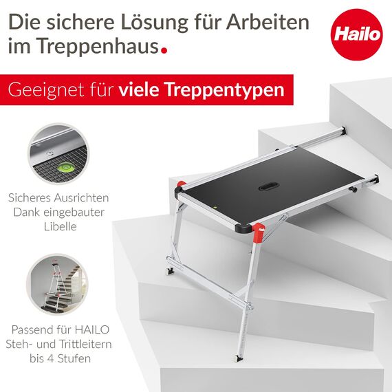 Hailo TP2 Pro Treppenpodest - Arbeitsplattform für Hailo-Leitern bis 4 Stufen - Stabiler Rahmen aus Aluminium - für Private und gewerbliche Nutzung - belastbar bis 150 kg - Gewicht: 9 kg - Silber