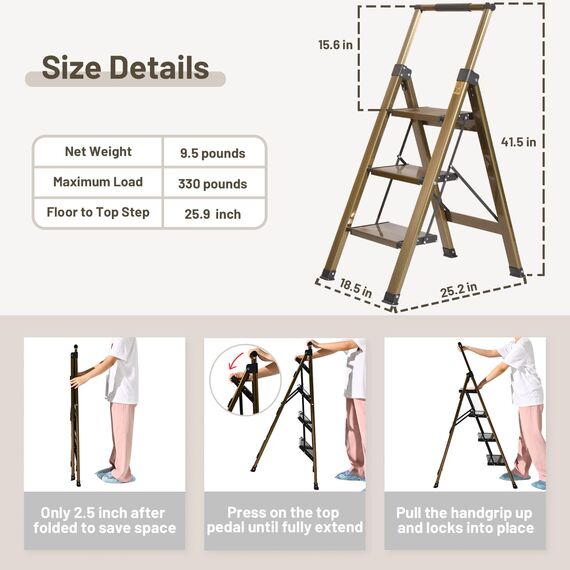 XinSunho 3-stufige Leiter, Aluminium 3-stufiger Hocker mit einziehbarem Handlauf und rutschfestem breitem Pedal, Klapphocker-Leiter, 3 Stufen, 150 kg Sicherheit, Haushaltsleiter