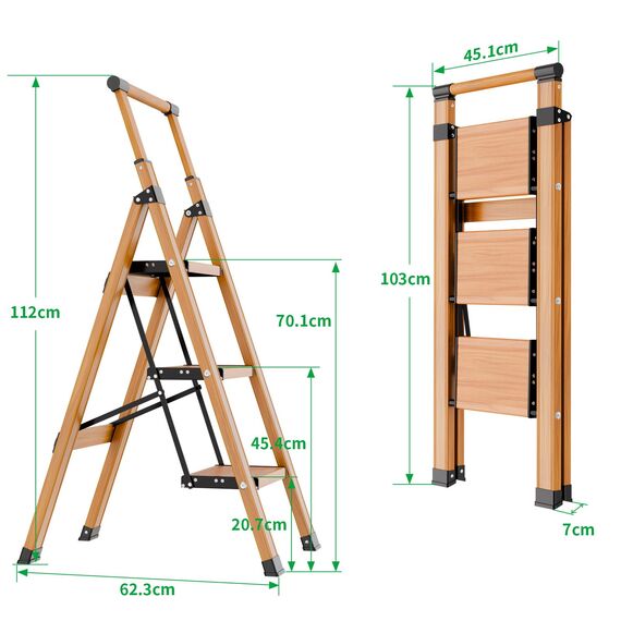 KULACO Trittleiter 3 Stufen klappbar, rutschfeste Haushaltsleiter, Multifunktionsleiter Holzmaserung, Tragbare Stufenleiter mit Ausziehbarem Handlauf, Aluminium Klappleiter, Belastbar bis 150 kg