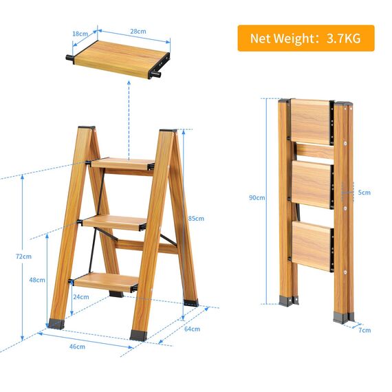 KULACO Trittleiter 3 Stufen klappbar, Aluminium Klappleiter, Tragbare Stufenleiter, rutschfeste Haushaltsleiter, Multifunktionsleiter Holzmaserung Design für Haus und Camping, Belastbar bis 150 kg