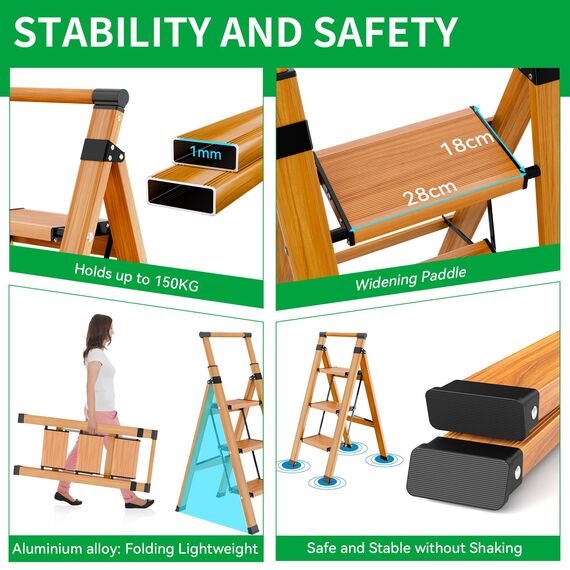 KULACO Trittleiter 3 Stufen klappbar, rutschfeste Haushaltsleiter, Multifunktionsleiter Holzmaserung, Tragbare Stufenleiter mit Ausziehbarem Handlauf, Aluminium Klappleiter, Belastbar bis 150 kg