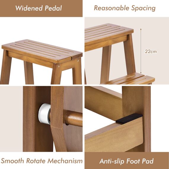 GIANTEX Leiterstuhl Holz 3 Stufen, Trittleiter Tritthocker klappbar Trittstuhl, Hocker Leiter Holzleiter Holz Tritt klappbar, Klapptreppe Haushaltstritt klein, Klappstufen Kiefernholz (Walnuss)