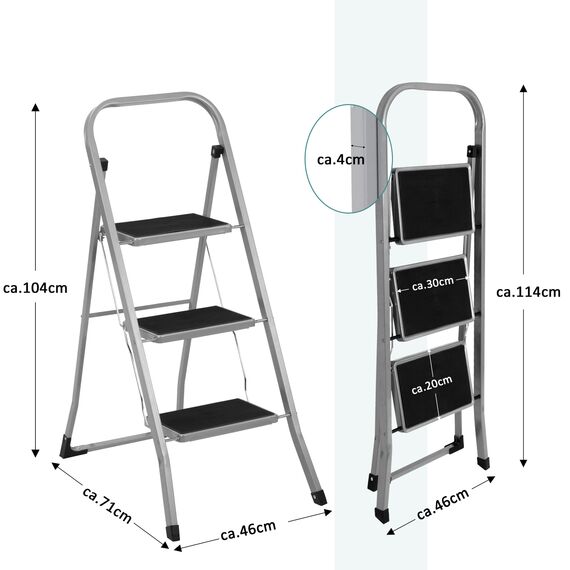 Ribelli Trittleiter 3 Stufen Leiter Klapptritt Klappleiter Klapptreppe Tritt Haushaltstritt Stehleiter Sprossenleiter klappbar faltbar bis 150 kg (3 Stufen, Silber/schwarz)