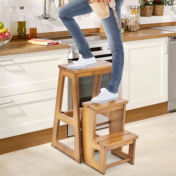 GIANTEX Leiterstuhl Holz 3 Stufen, Trittleiter Tritthocker klappbar Trittstuhl, Hocker Leiter Holzleiter Holz Tritt klappbar, Klapptreppe Haushaltstritt klein, Klappstufen Kiefernholz (Walnuss)
