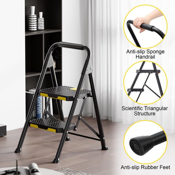 KINGRACK 2 Stufenleiter, 2 Stufen klappbar mit rutschfestem, breitem Pedal und Handläufen, leichte Haushaltsleiter für Küche, Vorratskammer, Schränke, Büro