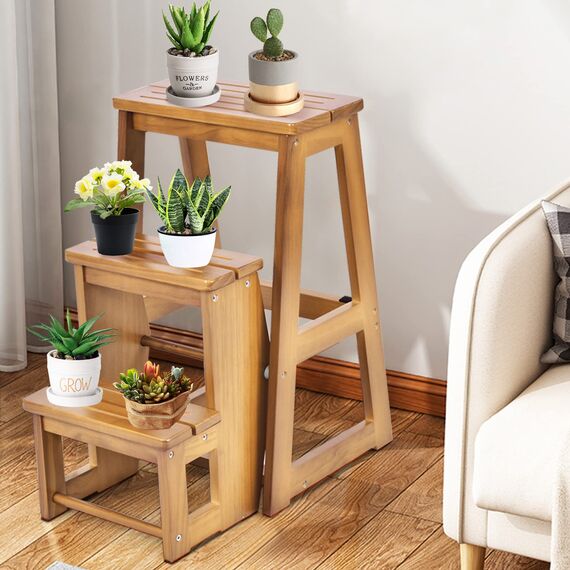 GIANTEX Leiterstuhl Holz 3 Stufen, Trittleiter Tritthocker klappbar Trittstuhl, Hocker Leiter Holzleiter Holz Tritt klappbar, Klapptreppe Haushaltstritt klein, Klappstufen Kiefernholz (Walnuss)