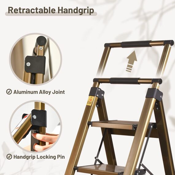 XinSunho 3-stufige Leiter, Aluminium 3-stufiger Hocker mit einziehbarem Handlauf und rutschfestem breitem Pedal, Klapphocker-Leiter, 3 Stufen, 150 kg Sicherheit, Haushaltsleiter