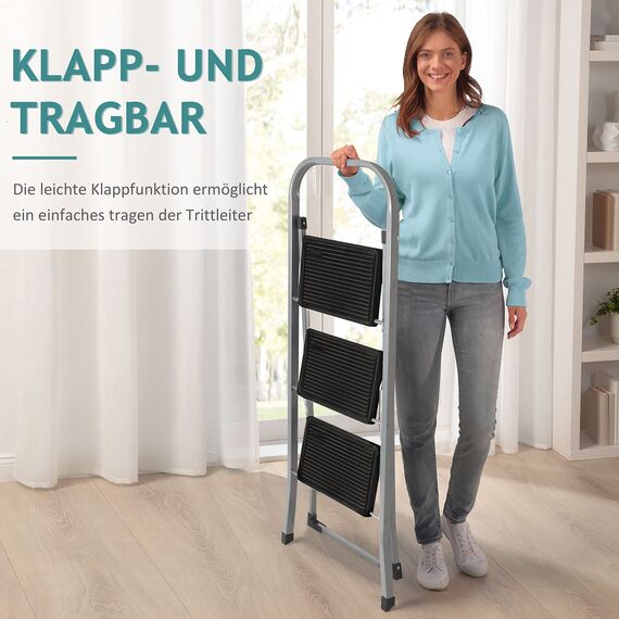 Trittleiter 3 Stufen Leiter Klapptritt Klappleiter Klapptreppe Tritt Haushaltstritt Stehleiter Sprossenleiter klappbar faltbar bis 150 kg (3 Stufen, Silber)