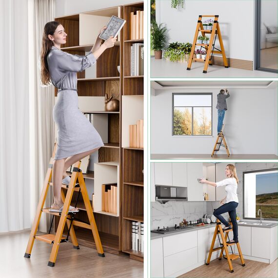 KULACO Trittleiter 3 Stufen klappbar, rutschfeste Haushaltsleiter, Multifunktionsleiter Holzmaserung, Tragbare Stufenleiter mit Ausziehbarem Handlauf, Aluminium Klappleiter, Belastbar bis 150 kg