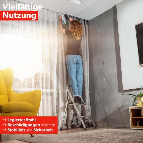 KADAX Klappleiter aus Stahl, 2-stufige Trittleiter mit rutschfesten Stufen, Traglast bis 150 kg, klappbar mit Handlauf