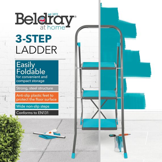 Beldray LA024510TQFEU7 3 Stufen Leiter - Klappbar/kompakt 105cm hohe Tritthocker, 150kg max Trittleiter mit Handläuf, rutschfeste Stehleiter, Leicht für außen/innen Reinigung, Dekorieren, Lackieren
