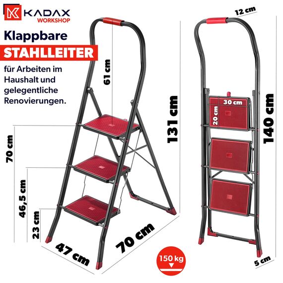 KADAX Klappbare Stahlleiter, 3-stufige Trittleiter mit rutschfesten Stufen, Traglast bis 150 kg, schwarz-rot, mit Klappsicherung und Handlauf