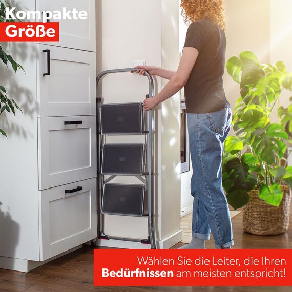 KADAX Klappleiter aus Stahl, 3-stufige Trittleiter mit rutschfesten Stufen, Traglast bis 150 kg, klappbar mit Handlauf
