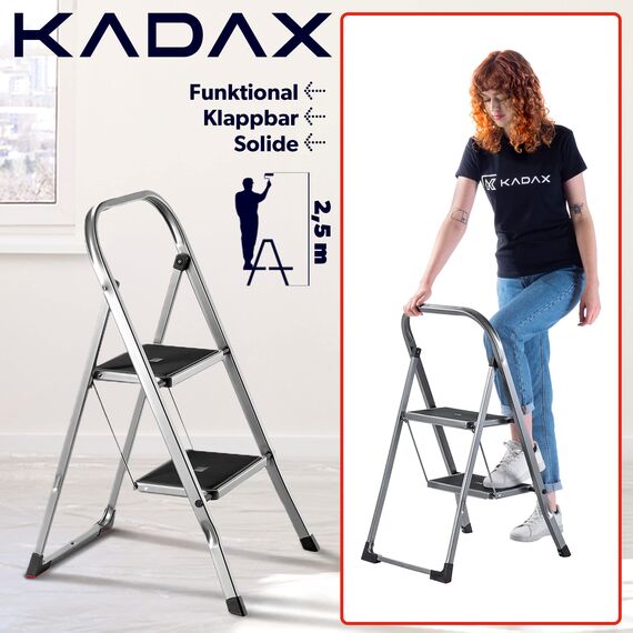 KADAX Klappleiter aus Stahl, 2-stufige Trittleiter mit rutschfesten Stufen, Traglast bis 150 kg, klappbar mit Handlauf