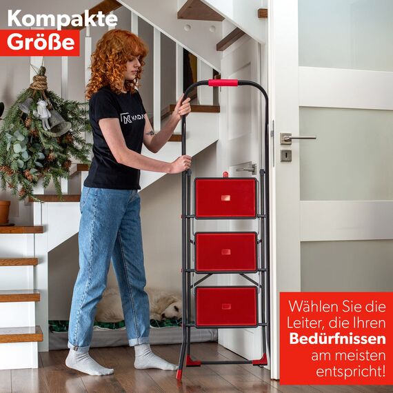 KADAX Klappbare Stahlleiter, 3-stufige Trittleiter mit rutschfesten Stufen, Traglast bis 150 kg, schwarz-rot, mit Klappsicherung und Handlauf