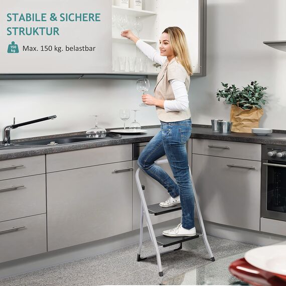 Trittleiter 2 Stufen Leiter Klapptritt Klappleiter Klapptreppe Tritt Haushaltstritt Stehleiter Sprossenleiter klappbar faltbar bis 150 kg (2 Stufen, Silber)