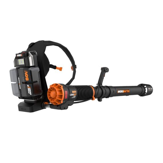 WORX Nitro WG572E 80V (4x20V/4Ah) Laubbläser – Profi mit leistungsstark bürstenlosem Motor – großes Luftvolumen – Variable Geschwindigkeit mit Turbomodus – inkl. 4 x Pro Akkus & Basecamp Ladengerät